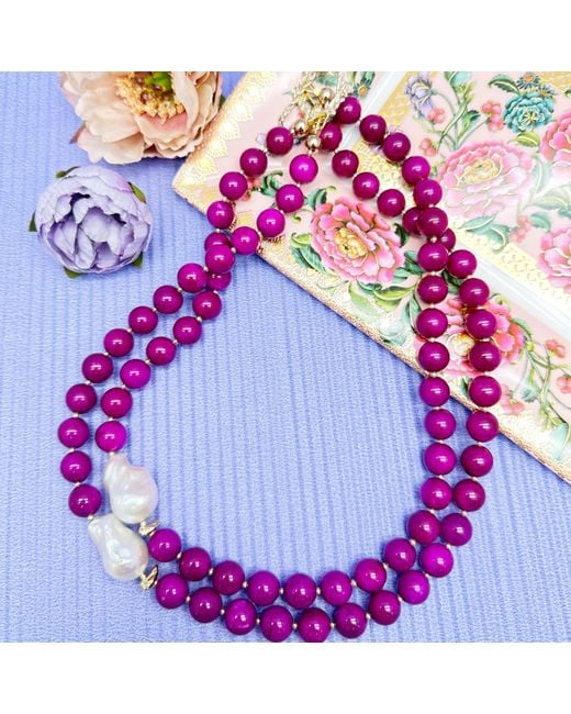 Farra Pink Magenta Gemstones With Baroque Pearls Double Layers Necklace