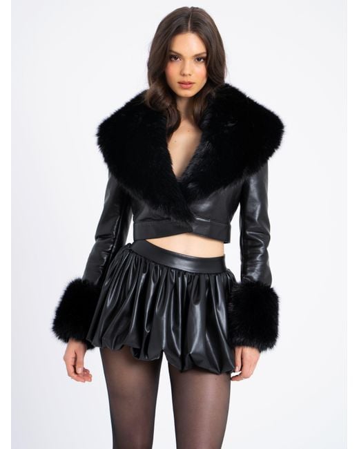 Miss Circle New York Black Ziah Cropped Leather Jacket With Fur Collar