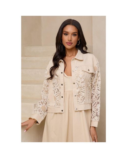 Saachi Natural Denim Sequin Soft Lace Cream Jacket