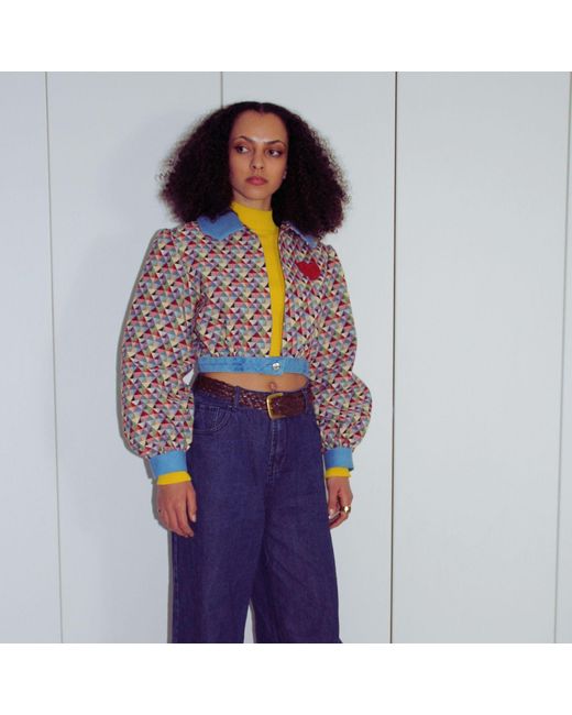 Couture to Your Door Blue Geometric Tapestry Cropped Bomber Jacket