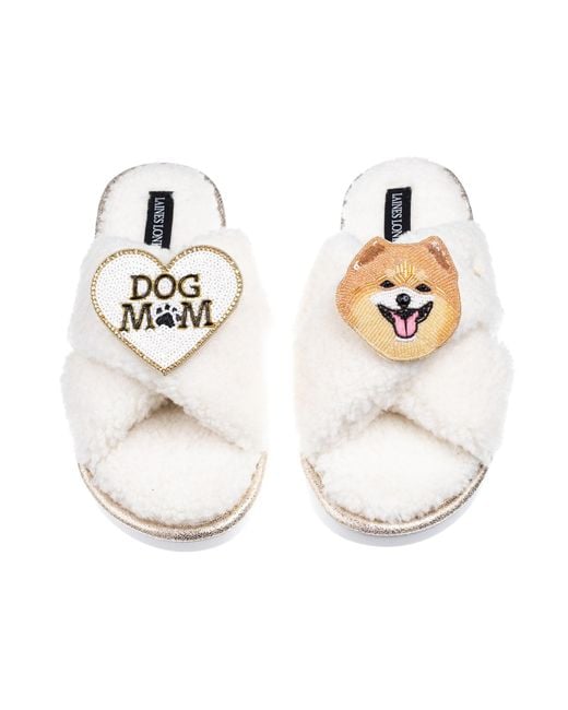 Laines London Metallic Neutrals Laines Neutral Boucle Slippers With Teddy The Pomeranian & Dog Mum/Mom Brooches
