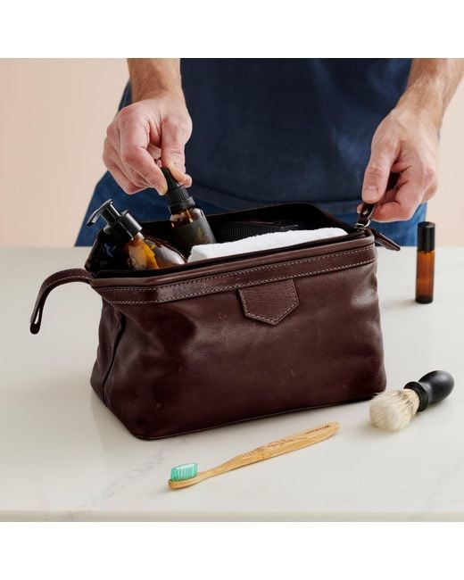 Posh Totty Designs Brown Leather Washbag With Hinged Zip Opening for men