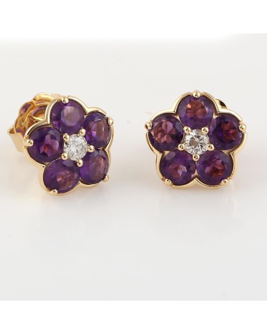 Artisan Purple Amethyst Gemstone White Diamond Clover Stud Earrings 18k Solid Gold