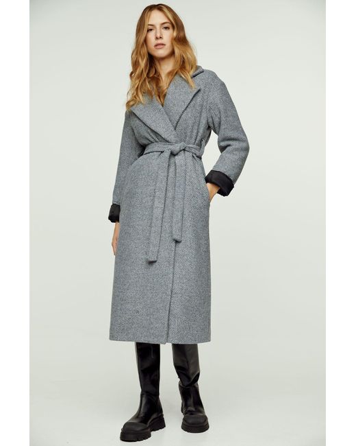 Conquista Blue Charcoal Wool-cotton Blend Coat With Shawl Collar & Elegant Belt