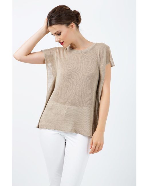Conquista Natural Short Sleeve Semi Sheer Top With Shoulder Slits