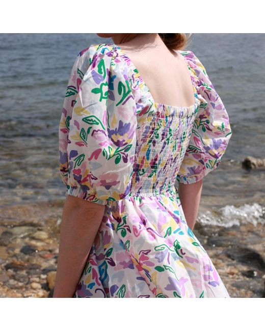Jessie Zhao New York Blue Garden Smocked Cotton Silk Dress