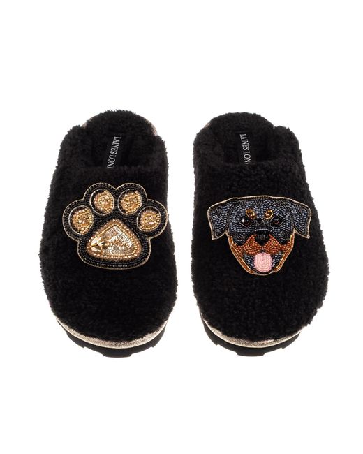 Laines London Black Teddy Closed Toe Slippers With Paw & Rottweiler Brooches