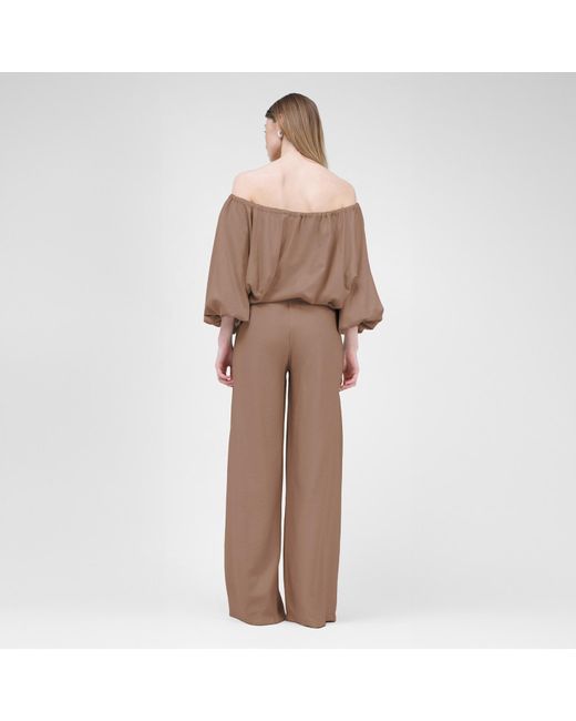 BLUZAT Brown Camel Linen Matching Set With Flowy Blouse And Wide Leg Trousers