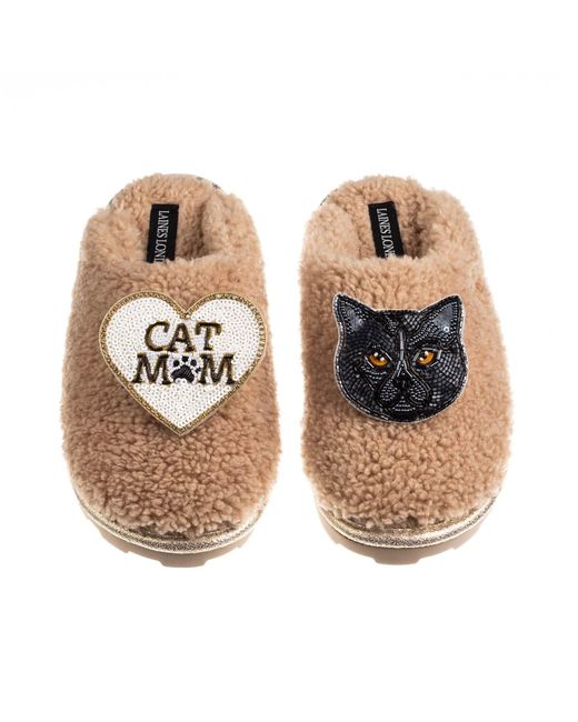 Laines London Metallic Neutrals Teddy Closed Toe Slippers With Cat Mum/Mom & British Shorthair Brooches