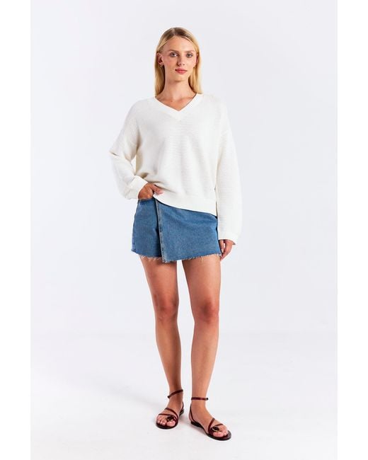 Brodie Cashmere White Rippled Stitch V Neck