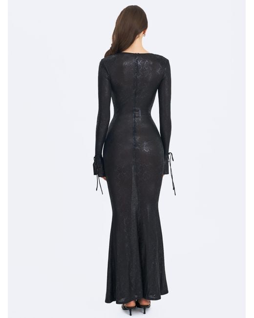 Miss Circle New York Black Ilysia V-Neck Plunge Snakeskin Mermaid Hem Maxi Dress