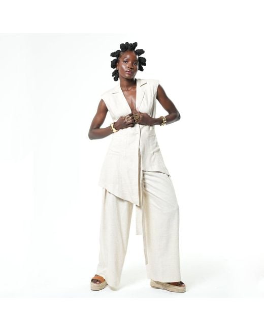 Metamorph White Neutrals Paperbag High Waist Trousers With Linen