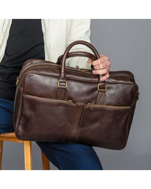 Hides Leather Co. Brown Handmade Leather Briefcase, Slim Laptop Messenger With Shoulder Strap for men