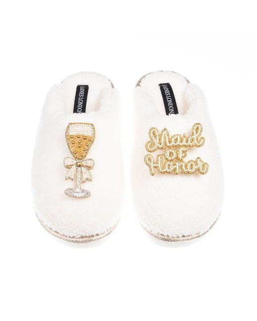 Laines London White Neutrals Teddy Closed Toe Slippers With Maid Of Honor Brooches