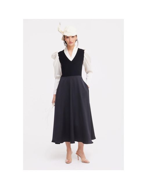 Julia Allert Blue Elegant Satin V-Neck Long Sleeve Midi Dress –