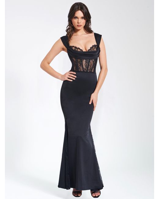 Miss Circle New York Black Callista Satin Lace Corset Maxi Dress