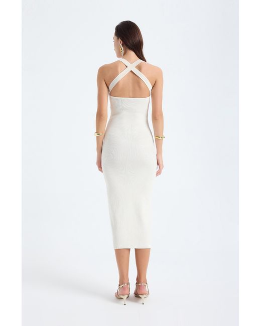 Monlicia White Azura Knit Crisscross Back Bodycon Midi Dress