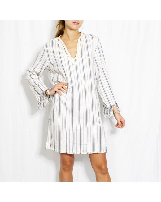 Boutique Kaotique White Moroccan Beach Cover Up Dress Kaftan Stripes