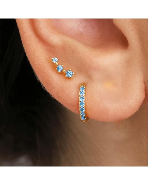 Harfi Metallic Aquamarine March Birthstone Earring Gift Set: Small Huggie Hoops & Climber Studs
