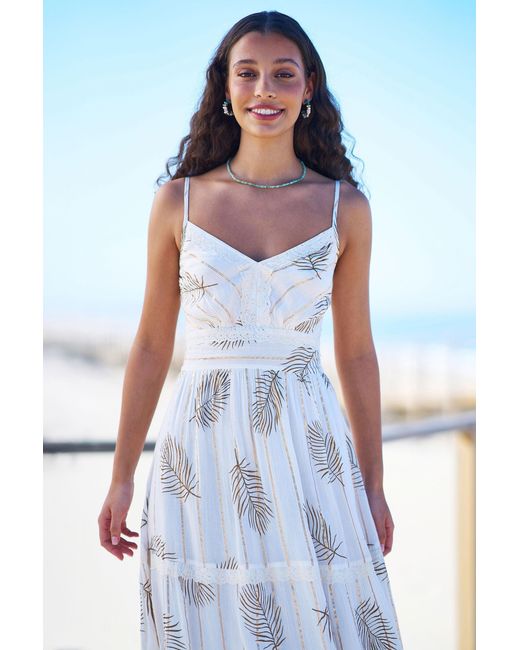 Yumi' Blue Neutrals Ivory Foil Print Midi Sun Dress With Lace Trims