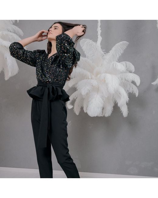 concept A trois Black Sequin Top With Puff Sleeves