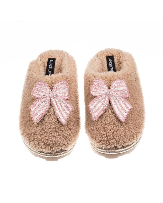 Laines London Pink Neutrals Teddy Closed Toe Slippers With Stripe Bow Brooches