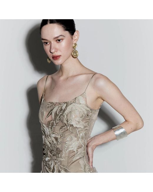 Belsize25 Natural Mayfair Series Floral Embroidered Mesh Maxi Dress