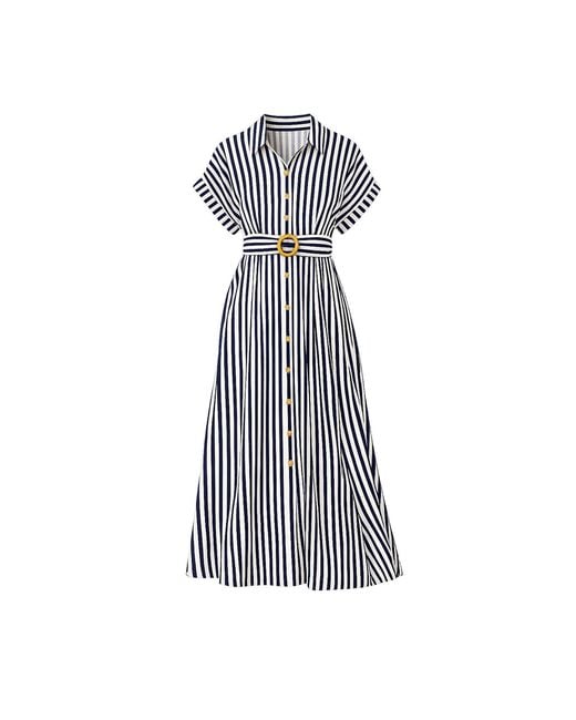 Yumi' Blue Stripe Print Relaxed Midi Shirt Dress With Belt