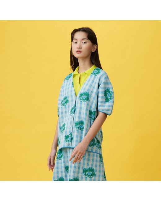 Arto. Blue Summer Floral Daisy Linen-Like Cotton Knit Top