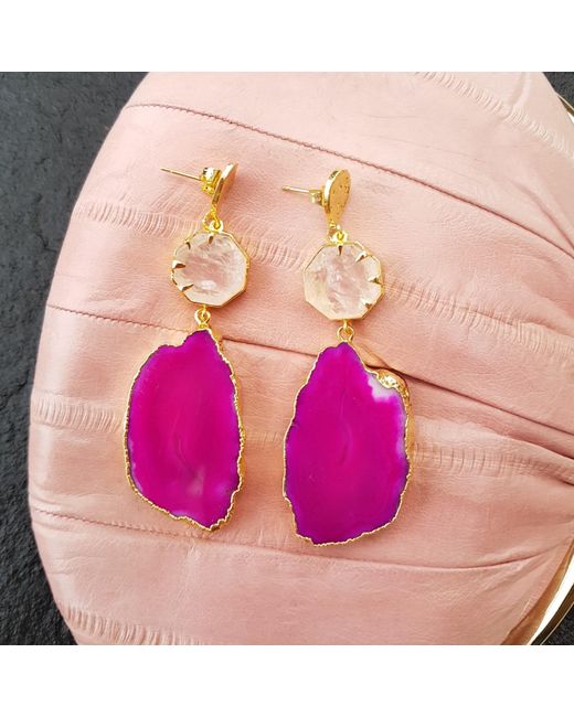 YAA YAA LONDON Purple 'hold On' Rose Quartz Pink Agate Gemstone Gold Statement Earrings