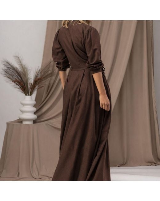Nikka Place Brown Maxi Linen A-Line Dress With Bishop Sleeves And Pockets