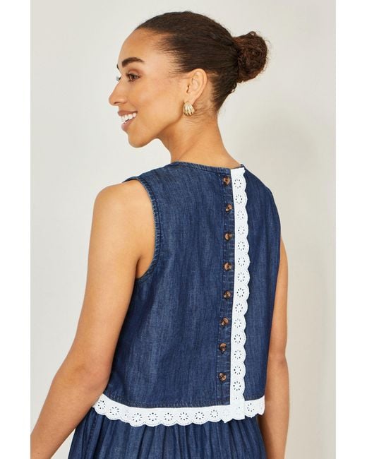 Yumi' Blue Cotton Chambray Top With Lace Trims