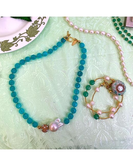 Farra Blue Baroque Pearl With Jade Simple Short Necklace