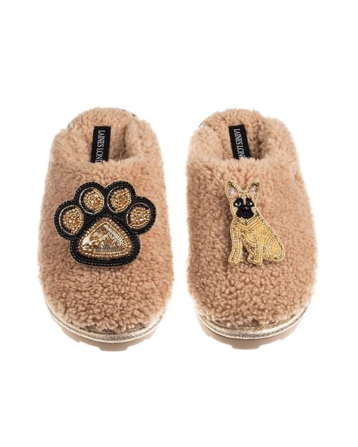 Laines London Natural Neutrals Teddy Closed Toe Slippers With Paw & Fawn Sitting French Bulldog Brooches
