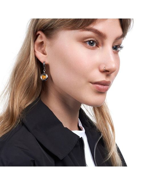 My Little Nature White Huggie Earrings With Natural Amber Stone