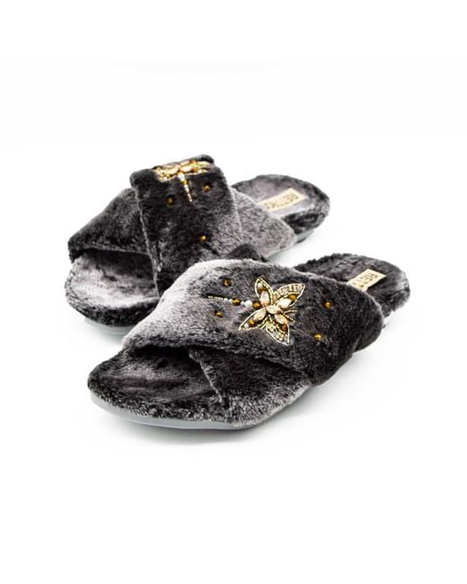 Rettrose Black Sofia Charcoal Luxury Plush Diamanté Embellished Handmade Slipper