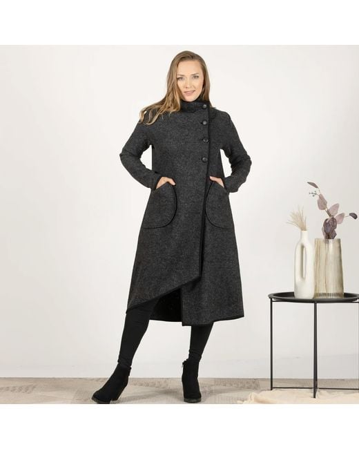 Nikka Place Black Asymmetrical Boiled Wool Cardigan With Buttons And High Neck
