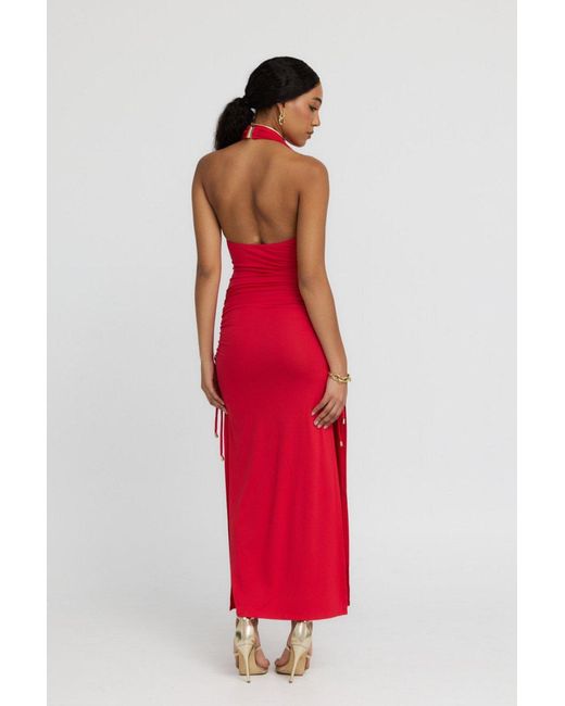 Why Mary Red Venus Cowl Neck Halter Bamboo Jersey Maxi Dress