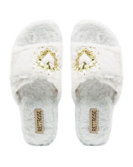 Rettrose Metallic Neutrals Margot Cream Luxury Plush Diamanté Embellished Handmade Slipper