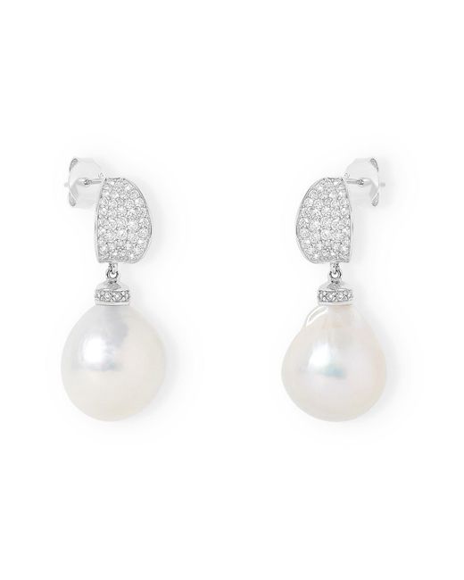 Pearls of the Orient Online White Stella Curved Pave Earrings With Baroque Cultured Freshwater Pearls