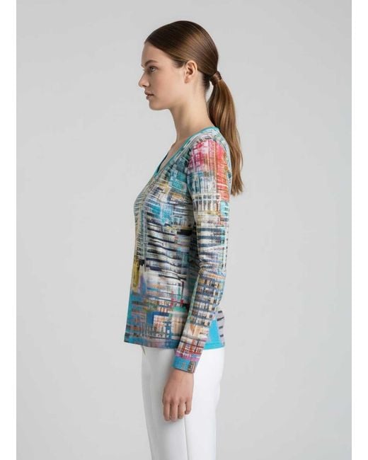 Conquista Blue Cityscape Print V-Neck Long-Sleeve Top