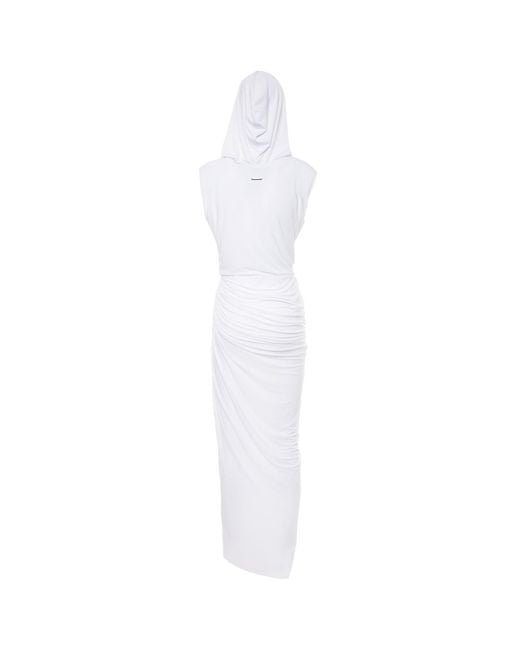 Brenda Agradi White Sleeveless Hooded Long Evening Dress