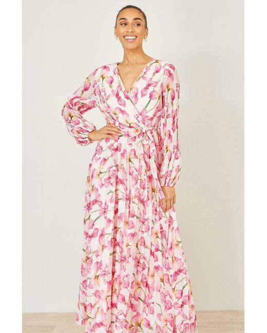 Yumi' Pink Neutrals Orchid Floral Pleated Wrap Maxi Dress