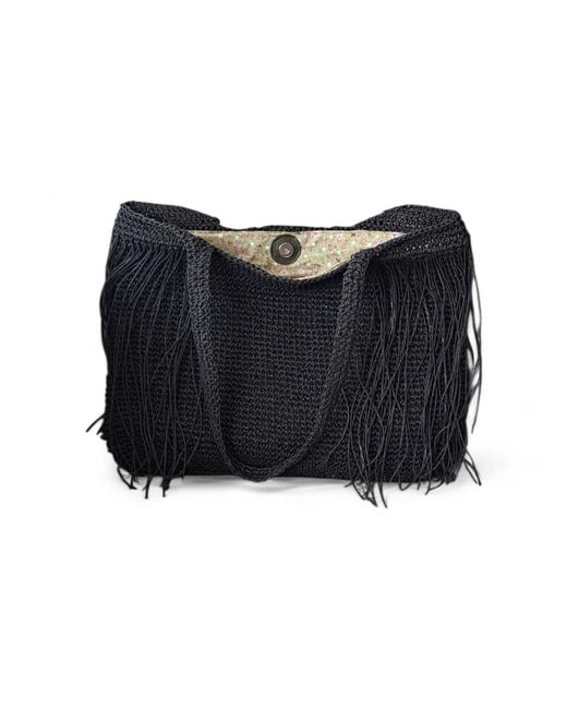 Springmoonatelier Black Handmade Raffia Tassel Tote Bag – Large Size Everyday And Beach Shoulder Bag