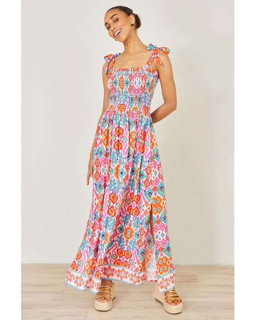 Yumi' Red Multicolour Ikat Print Maxi Viscose Sun Dress