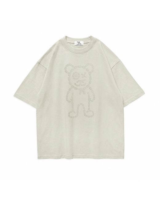 X Ilona Blue White Neutrals Graffiti Daddy Bear Organic Cotton Chain Link Embroidery Tee