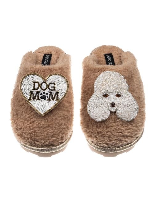 Laines London Brown Neutrals Teddy Closed Toe Slippers With Pearl The Poodle & Dog Mum Mom Brooches