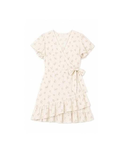 Yumi' Natural Rose Print Wrap Over Frill Dress