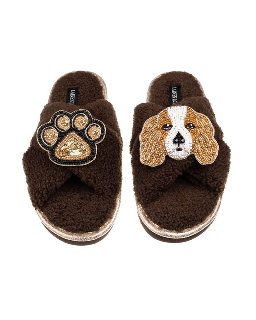 Laines London Brown Neutrals Laines Neutral Boucle Slippers With Lady The King Charles & Paw Brooches
