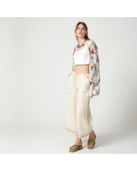 Lalipop Design Natural Neutrals Sequin-Embellished Hem Detailed Cropped Linen Pants